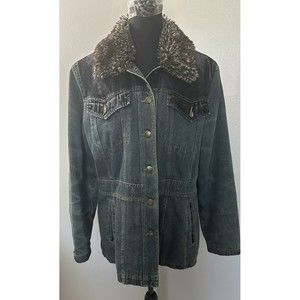 Vintage Esprit Dark Wash Blue Jean Jacket Faux Fur Collar Quilt Lining Sz L Coat